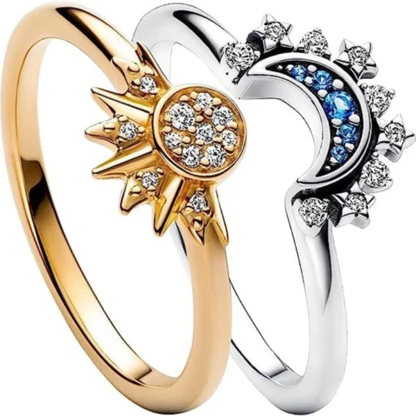 2pcs/set Summer Couple Ring Set Sky Blue Sparkling Moon and Sun Ring - Image 2